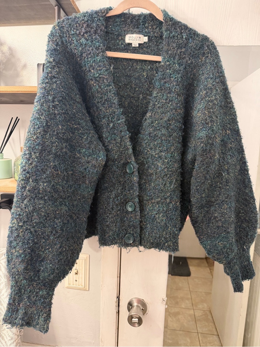 Molly Bracken Teal-Blue Bouclé Button Cardigan